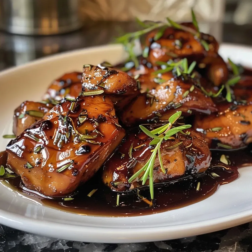 Side view of thick balsamic glaze drizzling from a spoon over a white plate.