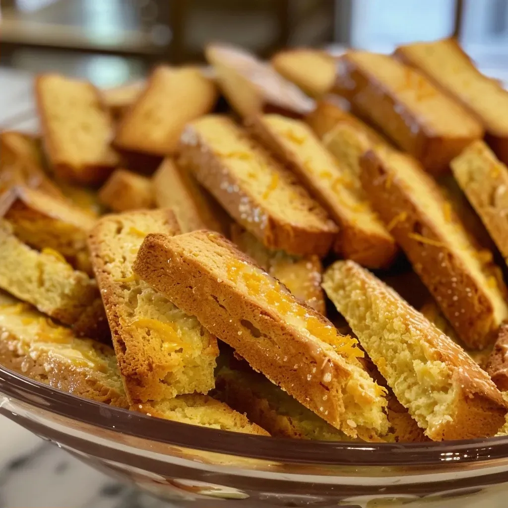 Side angle of Basil Orange Biscotti displaying texture and ingredients like orange zest and basil.