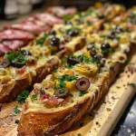 Close-up view of loaded smoked gouda garlic bread with toppings.