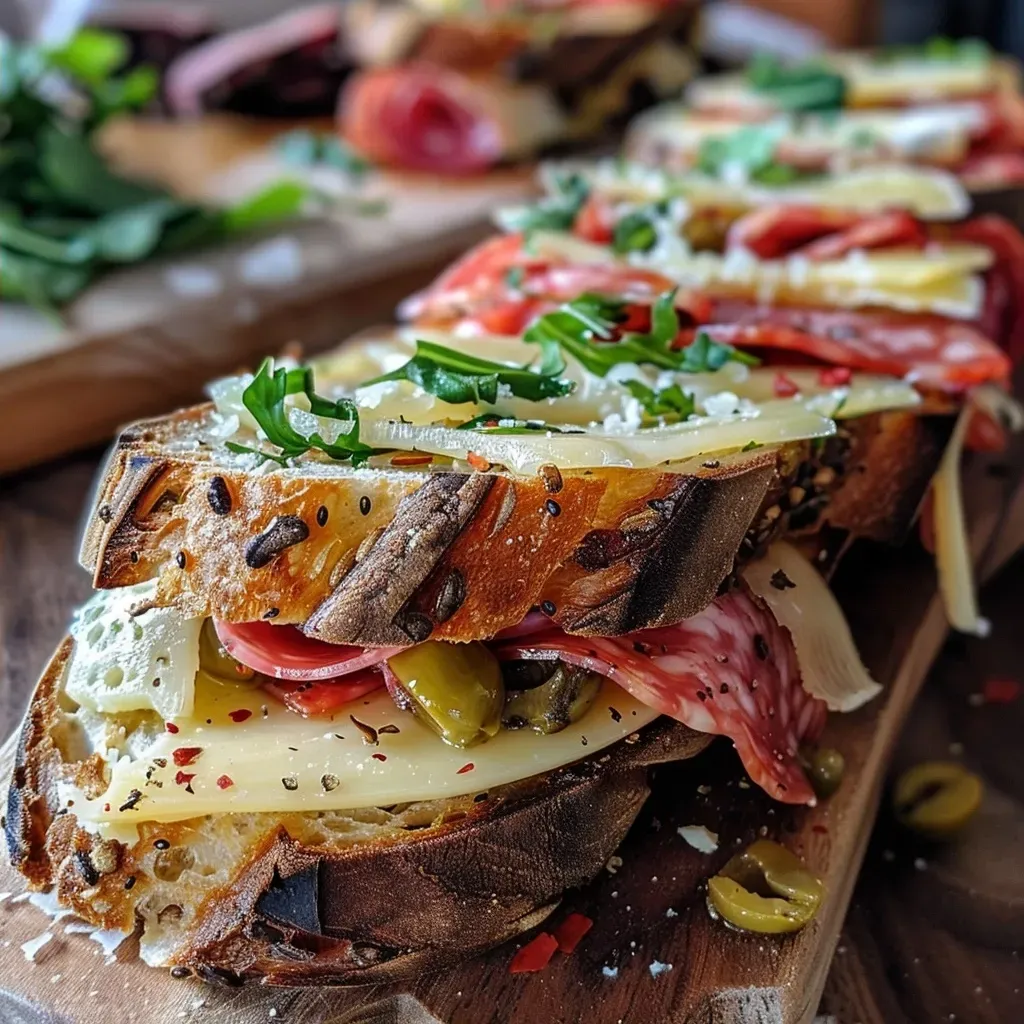 Sliced baguette topped with melted cheese, garlic, and herbs.