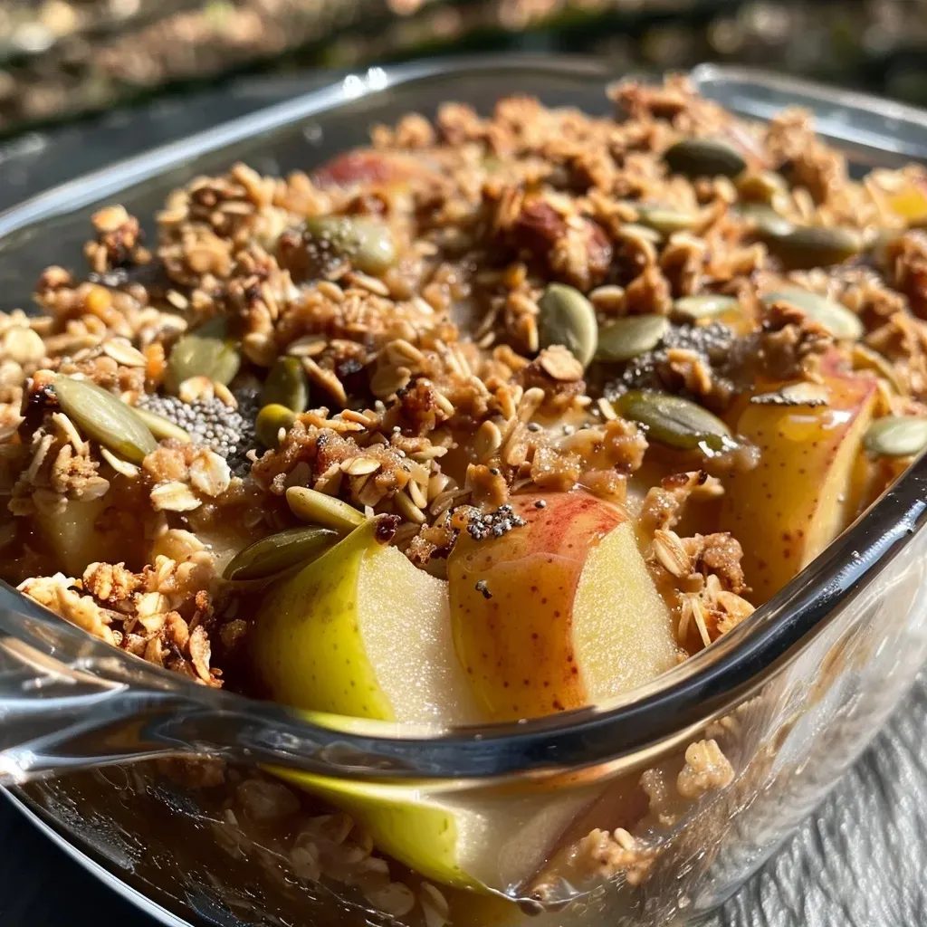 Side view of a delicious breakfast crumble featuring diced pears and apples.