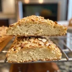 Close-up of a golden-brown biscotti, highlighting its crunchy texture and almond pieces.