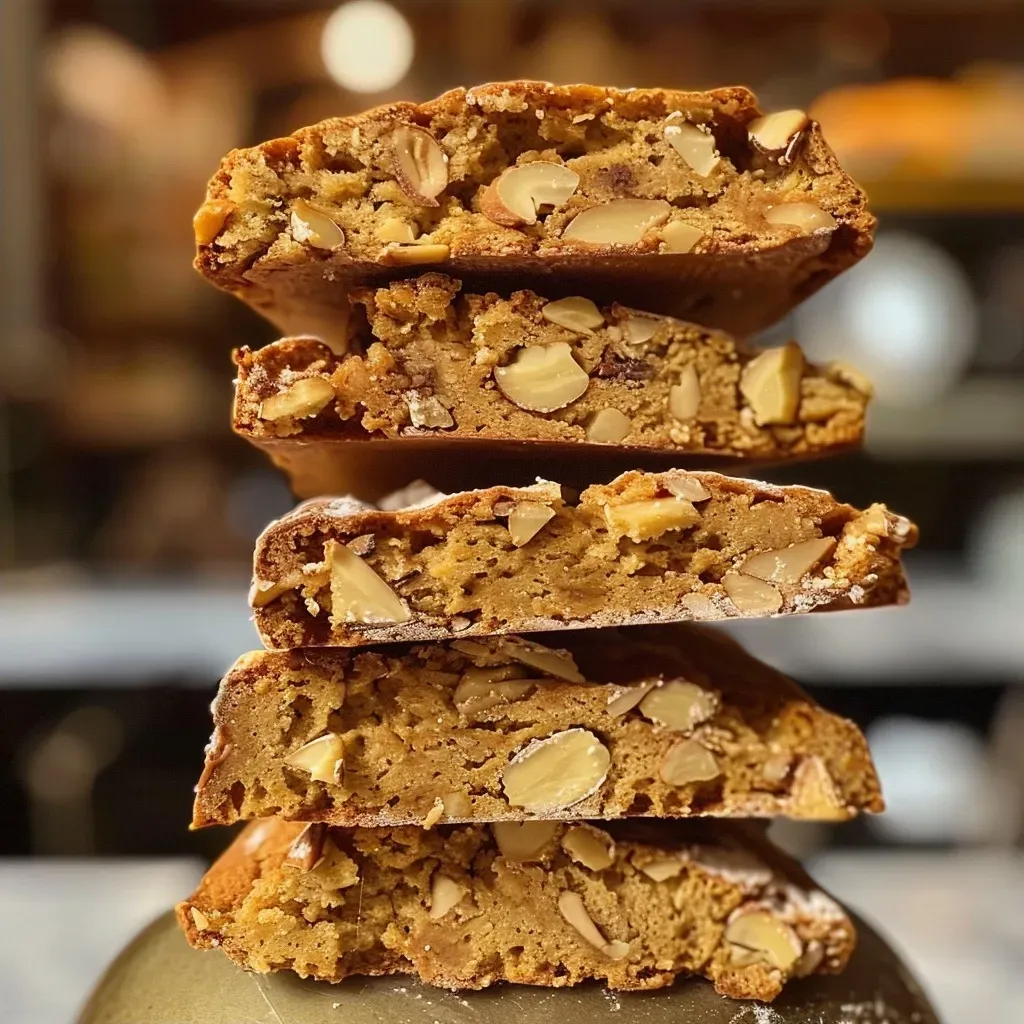 Side view of freshly baked biscotti, showcasing its crisp surface and chocolate chunks.