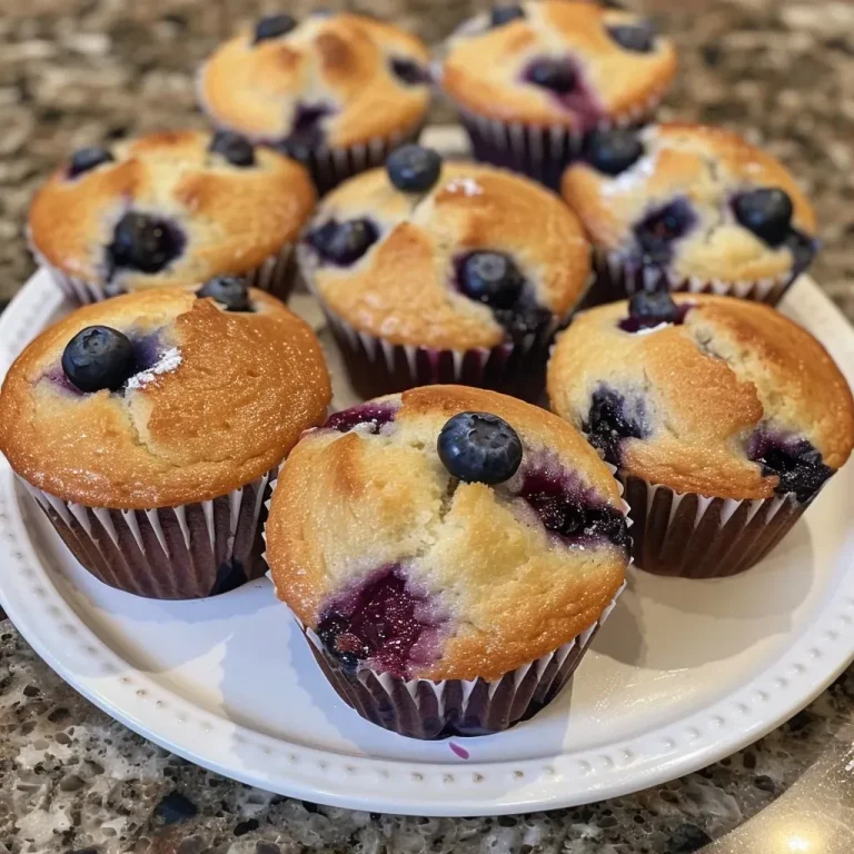 Close-up side view of blueberry muffins with a golden-brown top and visible blueberries.