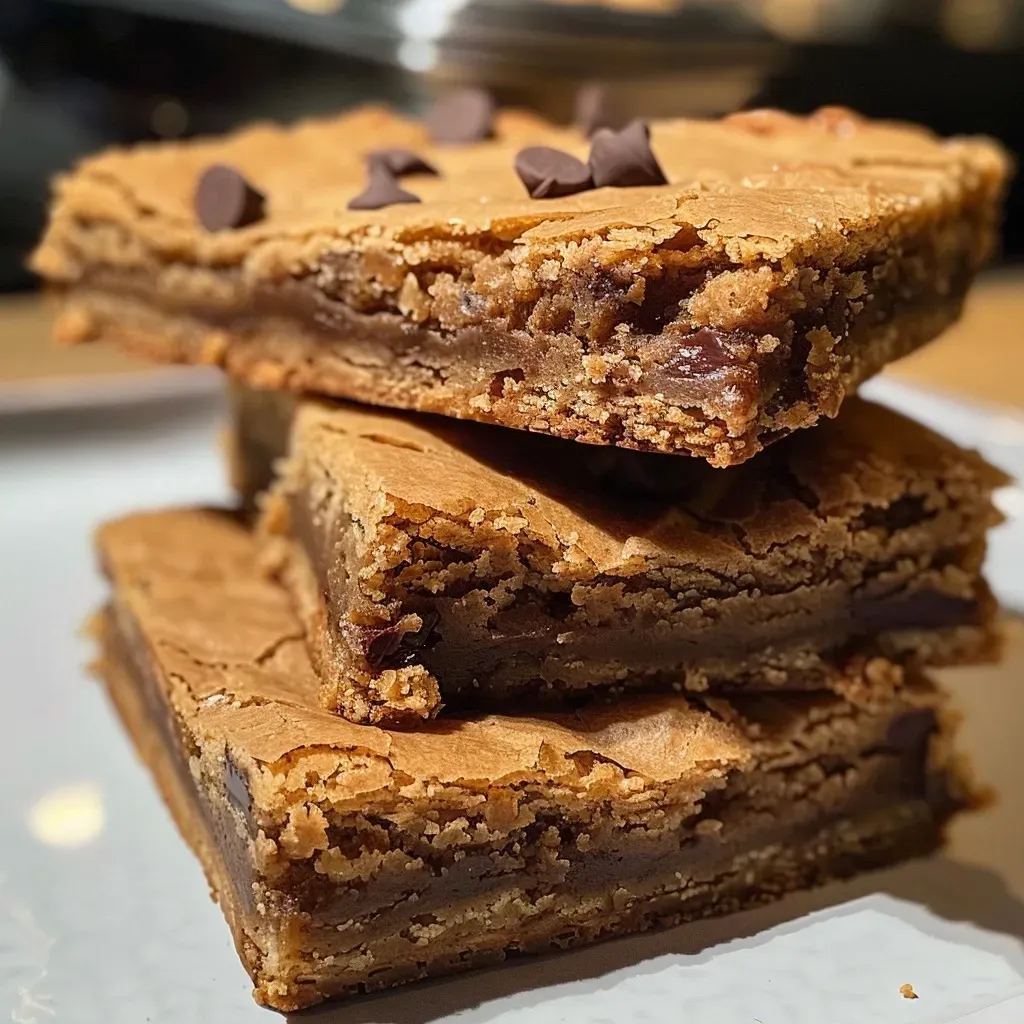 Juicy blondies with chocolate chips, captured from the side, highlighting their moist interior.