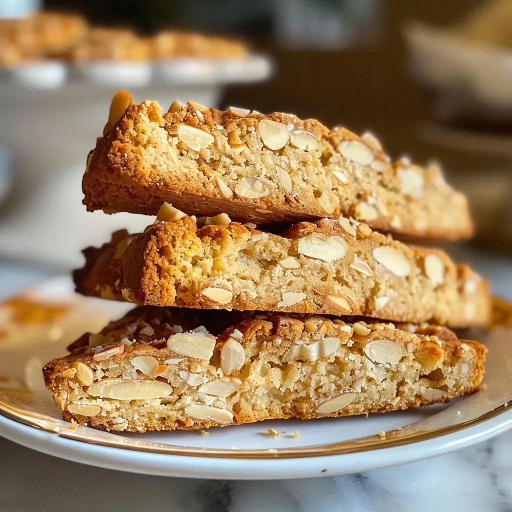 Side view of golden-brown Bourbon Orange Biscotti highlighting its crunchy texture and almond pieces.