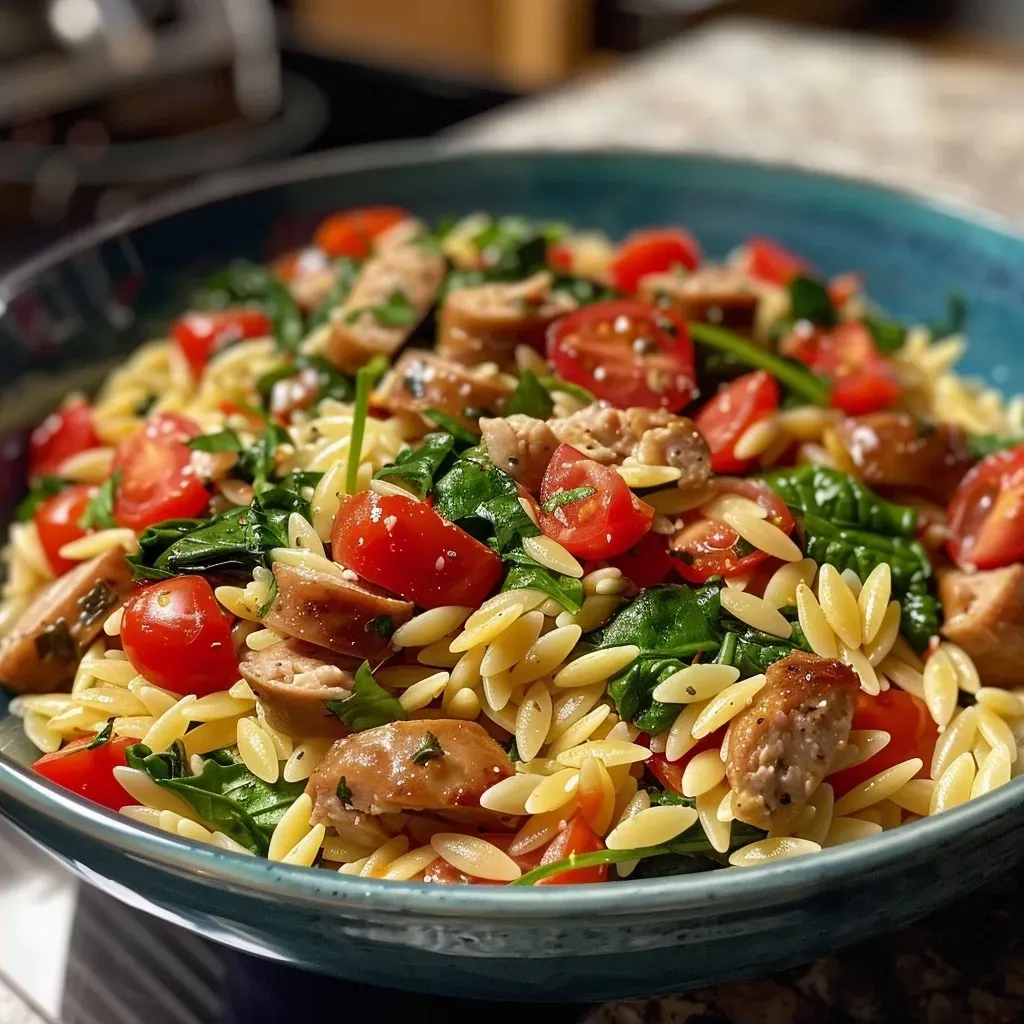Side view of a Boursin Orzo Bake featuring vibrant cherry tomatoes and tender spinach.