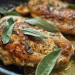 Close-up view of brown butter chicken garnished with crispy sage leaves.