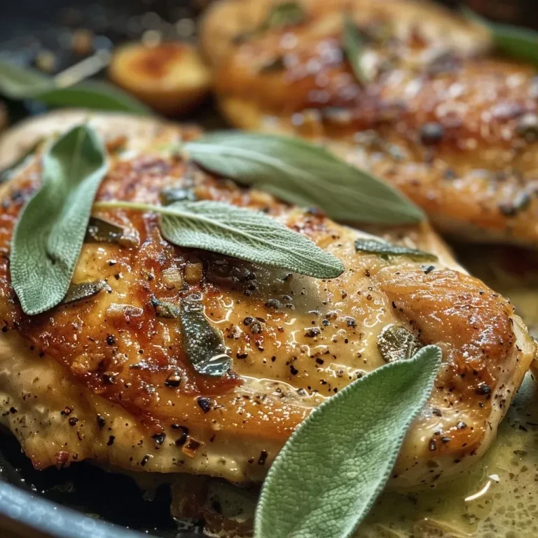 Schnelle Genussmomente: Braune Butter Hähnchen mit Knusprigem Salbei Close-up view of brown butter chicken garnished with crispy sage leaves.