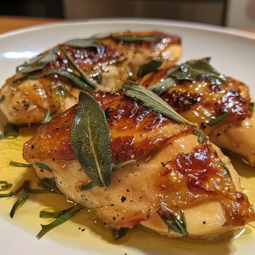 Juicy chicken breasts covered in brown butter, enhanced with fresh sage.