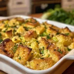 Close-up side view of golden brown butter cornbread dressing with garlic and herbs.