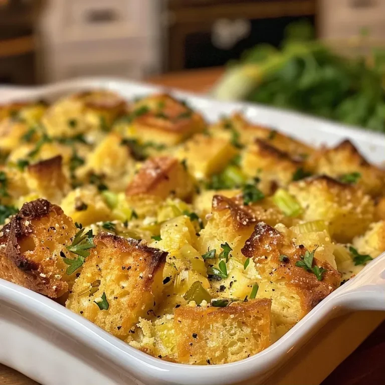 Close-up side view of golden brown butter cornbread dressing with garlic and herbs.