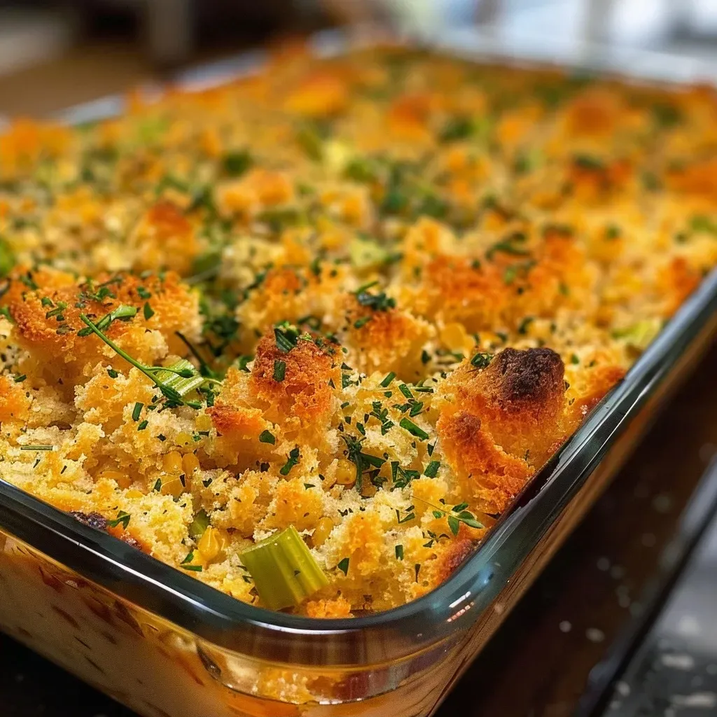 Juicy cornbread dressing featuring herbs, garlic, and a brown butter glaze.