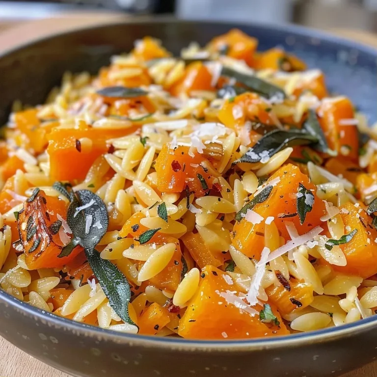 Close-up view of creamy brown butter orzo with butternut squash and sage.