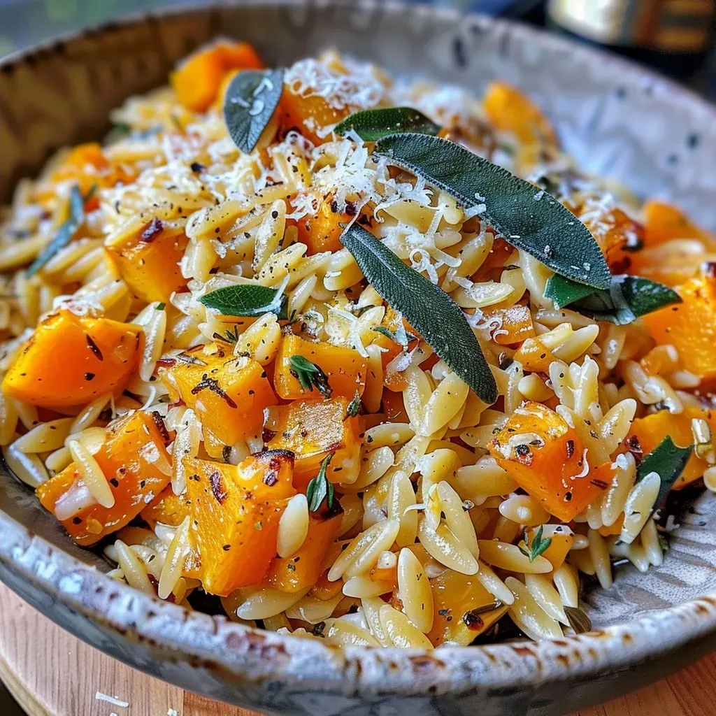 Side angle of a bowl filled with brown butter orzo, featuring diced butternut squash.