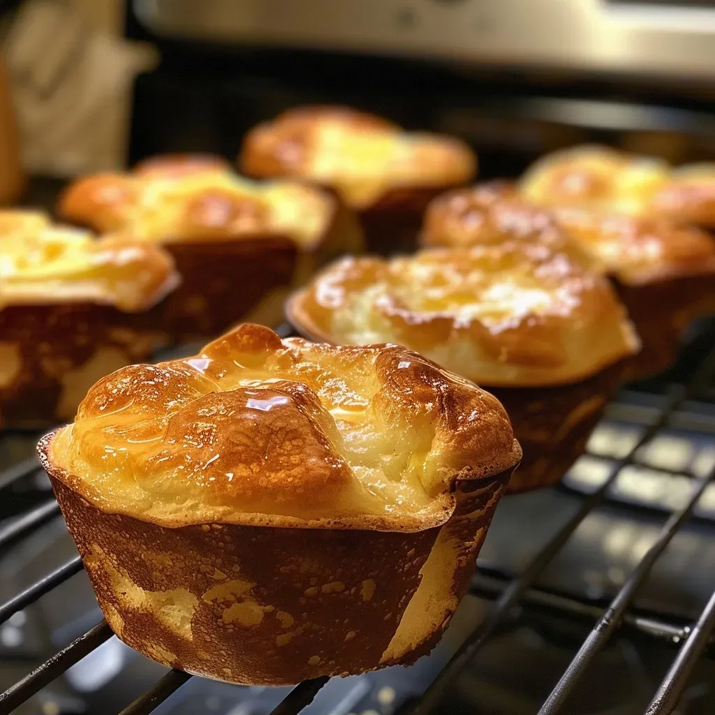 Side view of freshly baked brown butter popovers, showcasing their airy texture and glistening with melted butter.