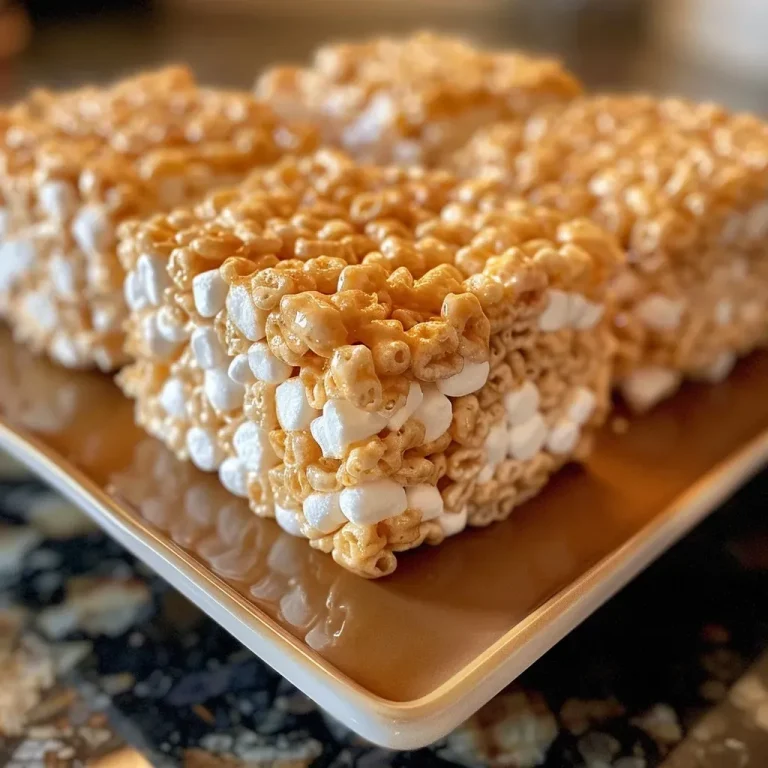 Close-up view of golden brown butter Rice Krispie treats stacked on a plate.