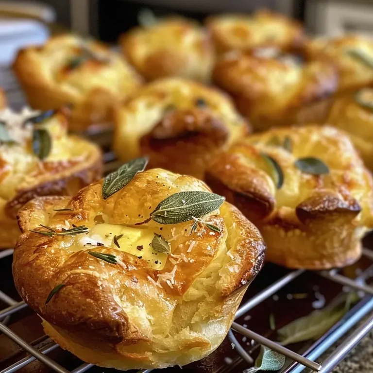 Close-up side view of golden brown popovers topped with sage and parmesan.