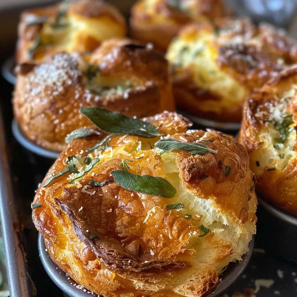 Juicy popovers with a crispy exterior, featuring crispy sage leaves and parmesan cheese.