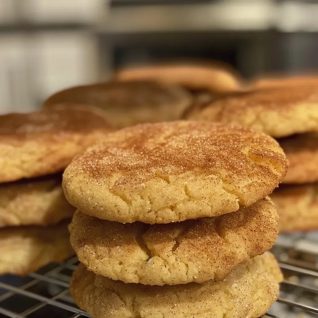 Side view of freshly baked snickerdoodles showcasing their cinnamon-sugar coating.
