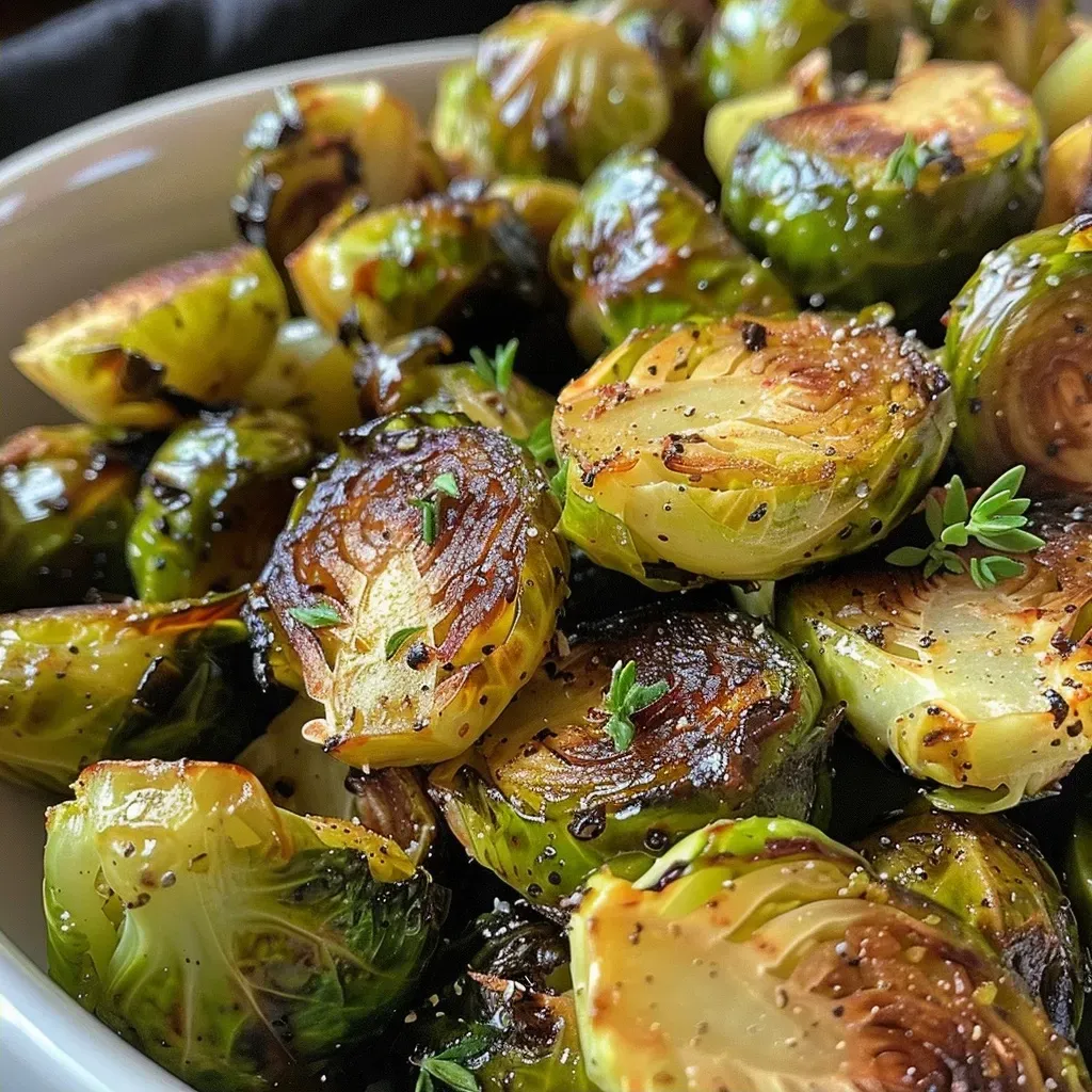 Side view of golden-brown Brussels sprouts drizzled with a sweet sauce.