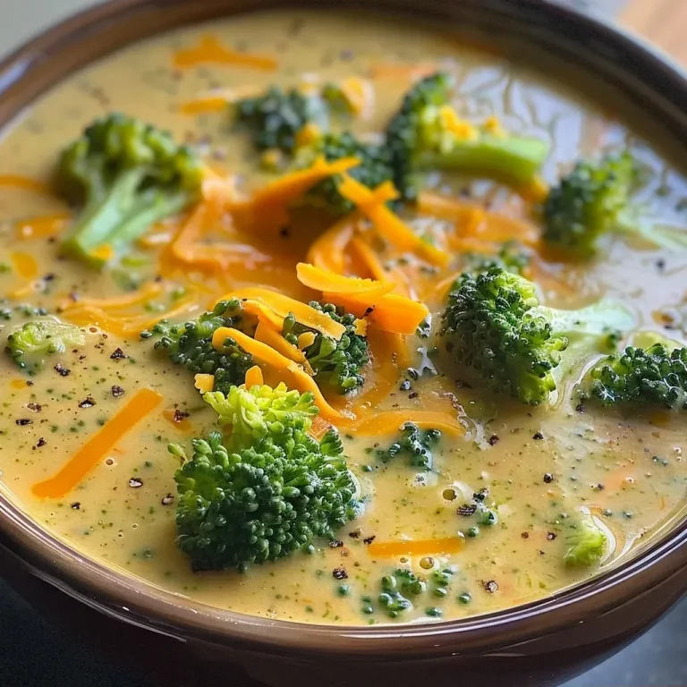 Close-up image of a bowl of broccoli cheddar soup with chunks of broccoli and melted cheese.