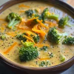 Close-up of a creamy broccoli cheddar soup in a bowl, garnished with croutons.