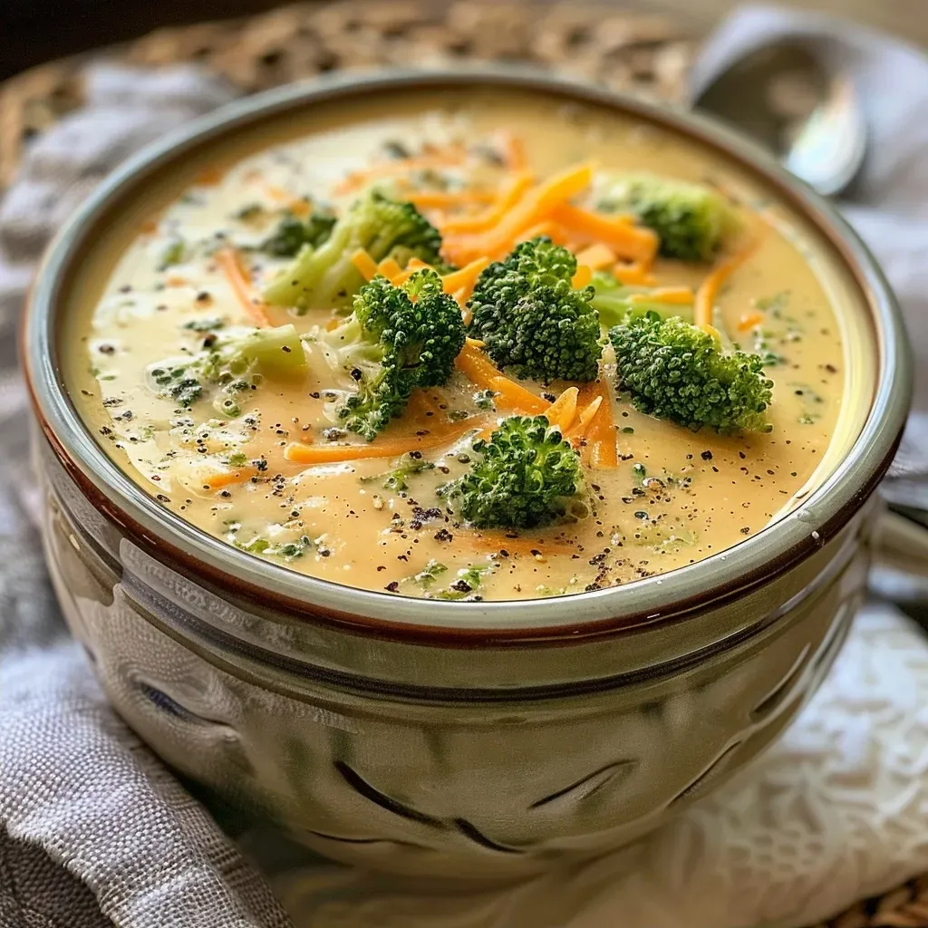 Side view of a steaming bowl of broccoli cheddar soup with bright green florets.