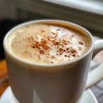 Close-up view of a creamy Bulletproof Chai Latte in a glass cup.