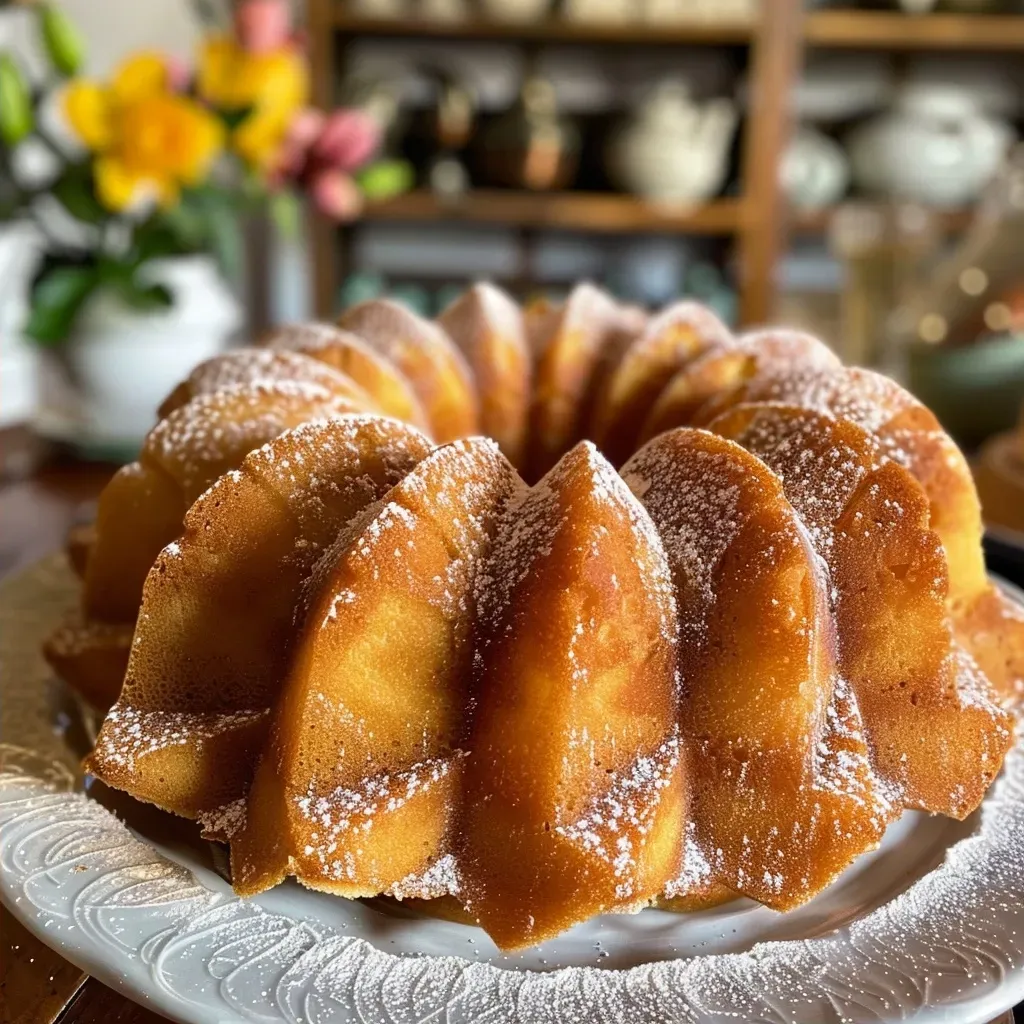 Side view of a Bundt cake showcasing its intricate details and moist texture.