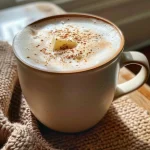 Close-up view of a creamy Butter Chai Latte in a clear glass, topped with a dollop of whipped cream.
