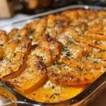 Close-up of a creamy gratin featuring layers of butternut squash, sweet potato, and Yukon Gold potatoes.