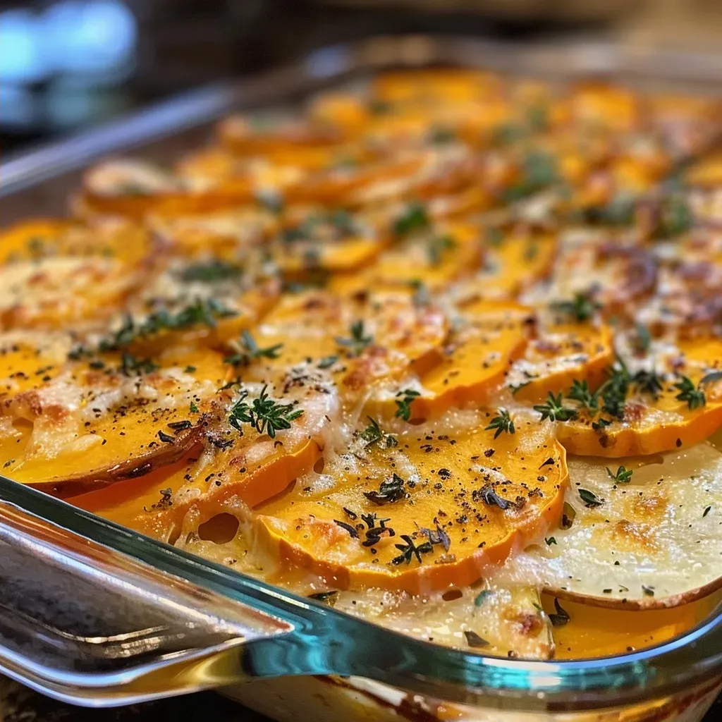 Side view of a delicious butternut squash gratin with visible layers of colorful vegetables and cheese.