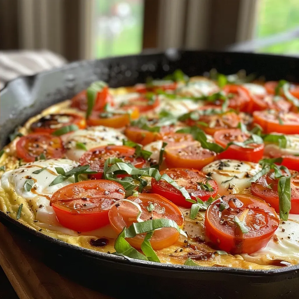Side view of a golden Caprese Frittata with visible ingredients like basil and cherry tomatoes.