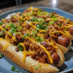 Close-up side view of a baked chili cheese dog topped with shredded cheese and green onions.