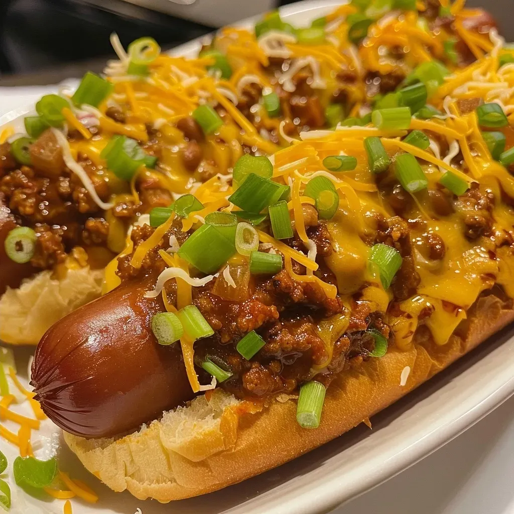 Juicy chili cheese dog in a warm bun, drizzled with melted cheese and garnished with green onions.