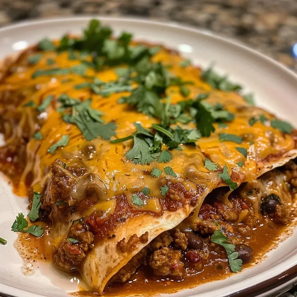 Side view of delicious Chili Cheese Enchiladas garnished with cheese, showcasing layers of filling.