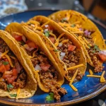Close-up view of chili cheese baked tacos topped with melted cheddar cheese and chili.