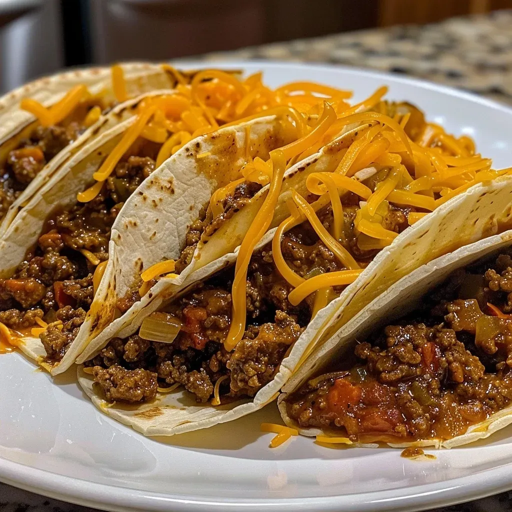 Side view of a delicious chili cheese taco filled with ground beef and cheese.