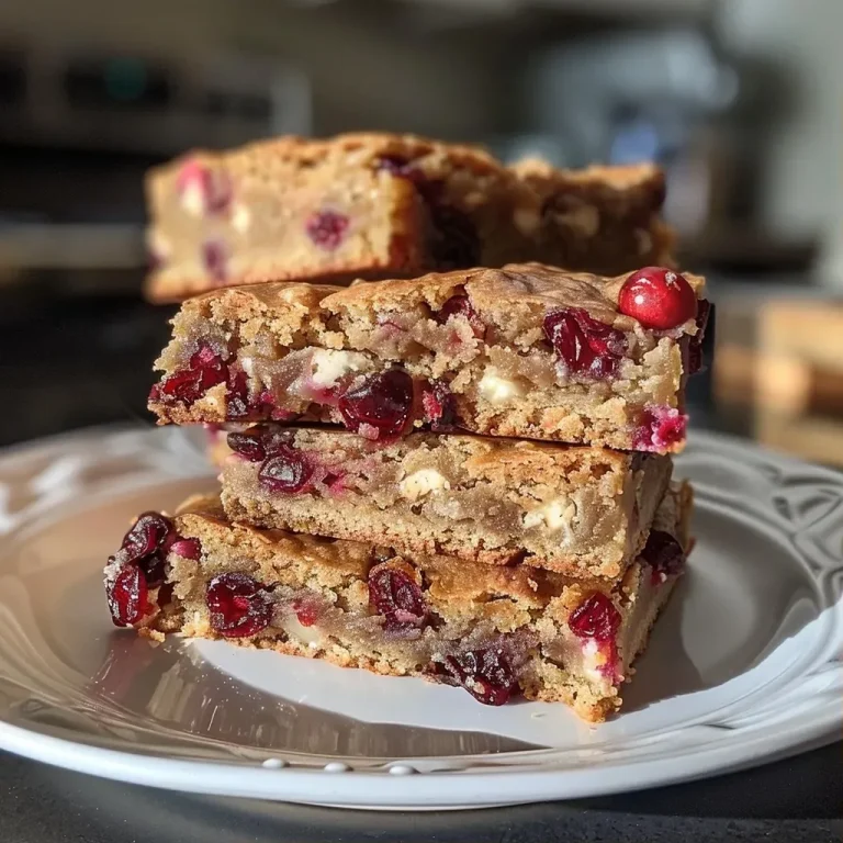 Wohlfühl-Blondies mit Weißer Schokolade und Cranberries A side view of white chocolate cranberry blondies displaying a moist texture with visible cranberries.