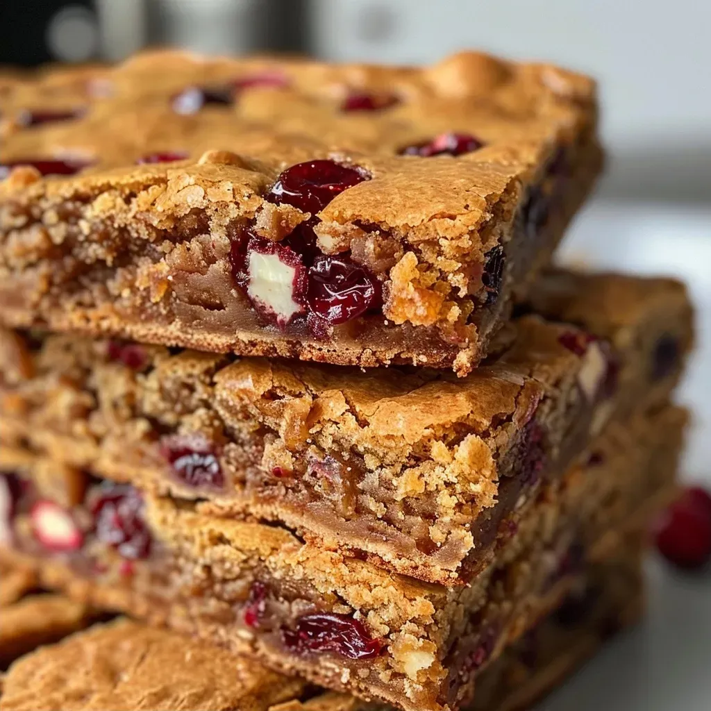 Close-up shot of delicious blondies featuring chunks of white chocolate and dried cranberries.