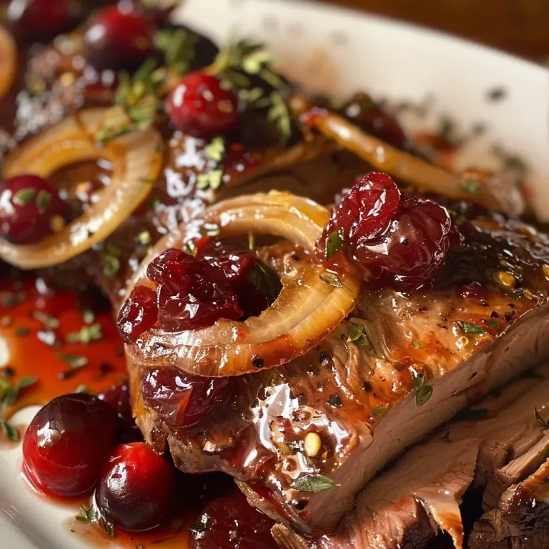 Close-up of juicy cranberry pot roast with onions and sauce.