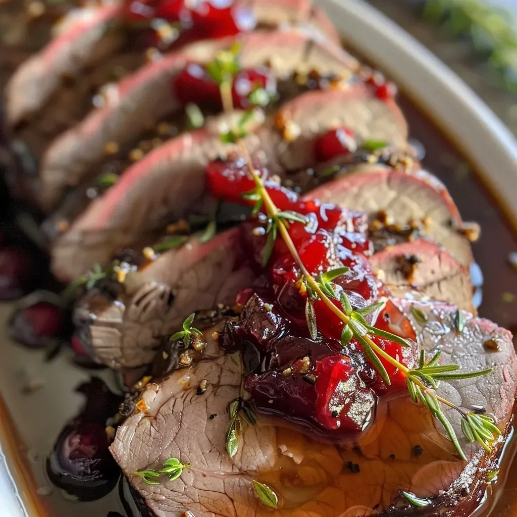 Side view of a succulent chuck roast coated in cranberry sauce.