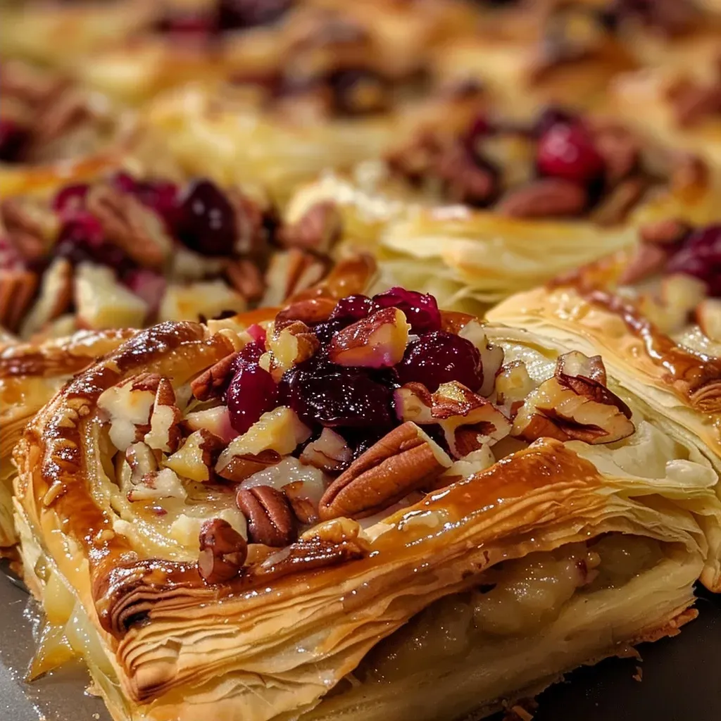 Side view of flaky puff pastry filled with brie and cranberry sauce.
