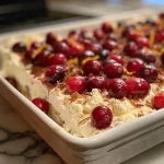 Close-up view of a golden-brown cranberry cottage cheese bake topped with fresh cranberries.