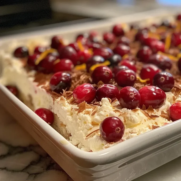 Close-up view of a golden-brown cranberry cottage cheese bake topped with fresh cranberries.