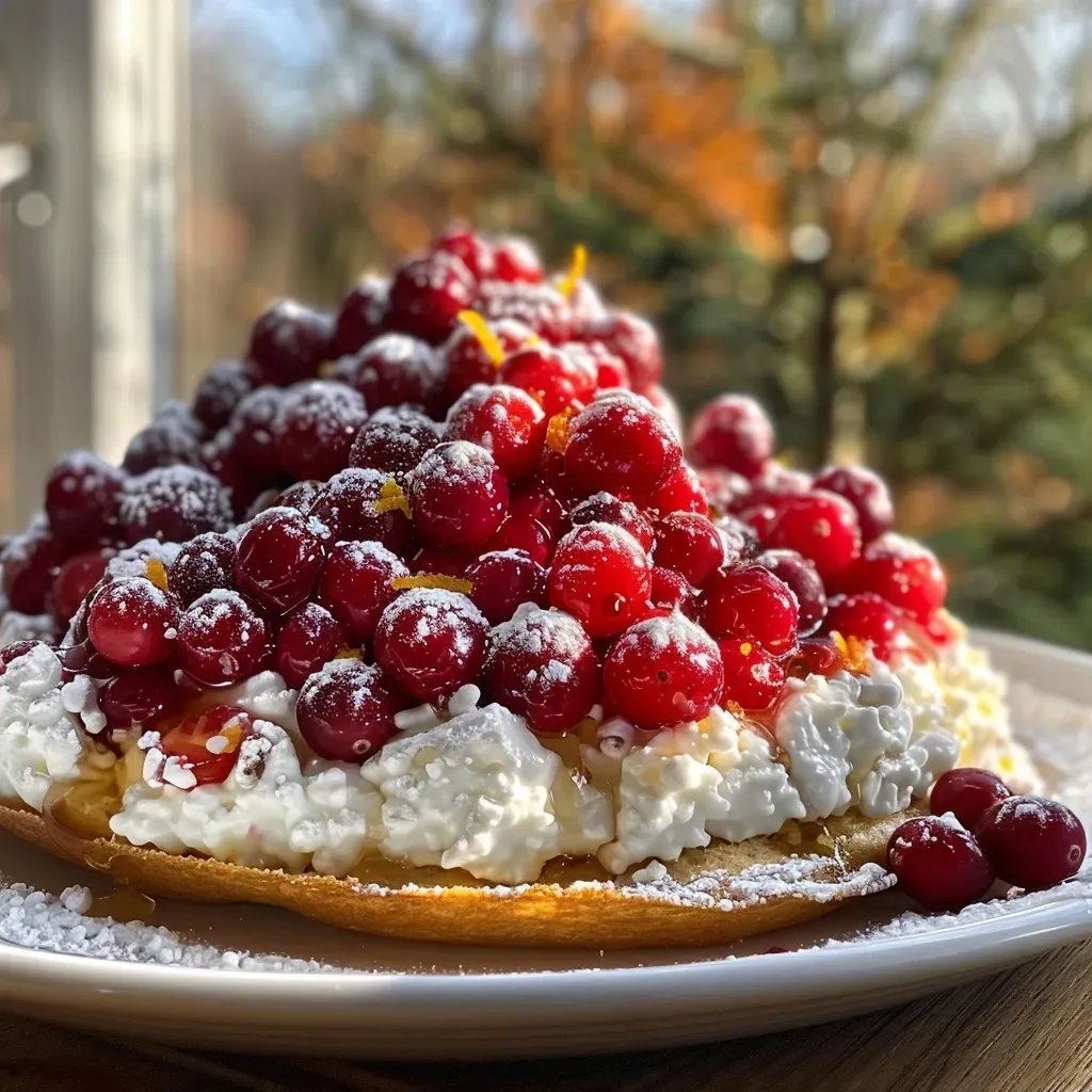 Side angle shot of cranberry quarkauflauf showcasing its creamy texture and vibrant color.