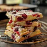 Close-up of crispy cranberry shortbread cookies on a wooden plate.