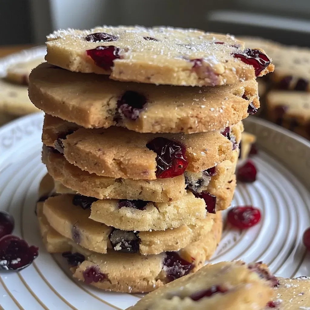 Side view of freshly baked cranberry shortbread cookies garnished with cranberries.