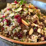 Close-up side view of a bowl of cranberry and wild rice pilaf, showcasing the colorful ingredients.